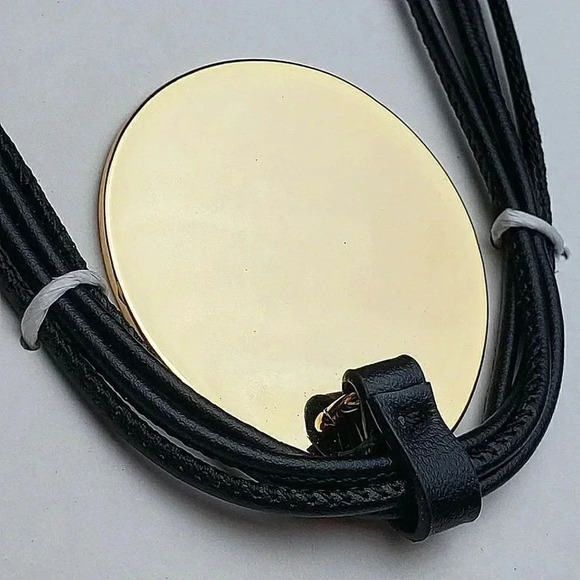 Zara Golden Circular Pendant Necklace Black Triple Leather Cord Clasp Back NWT - Picture 13 of 16